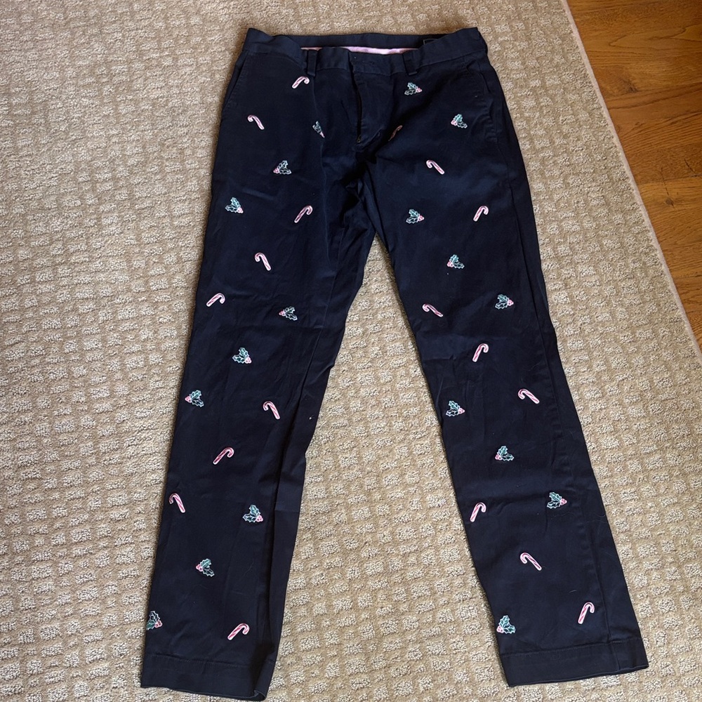 Vineyard Vines navy pant with Candy canes and Holly Embroidery